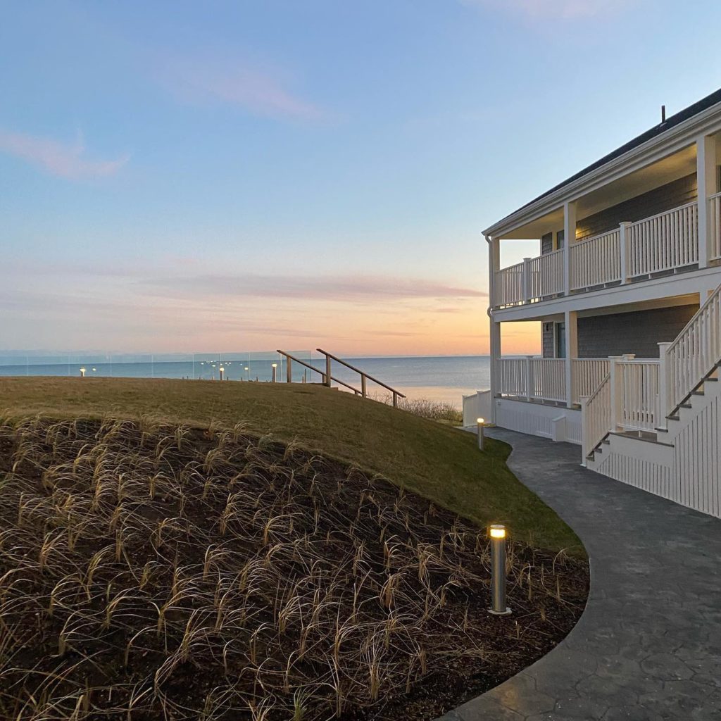 pole lights and hardscaped walkway at a Cape Cod hotel